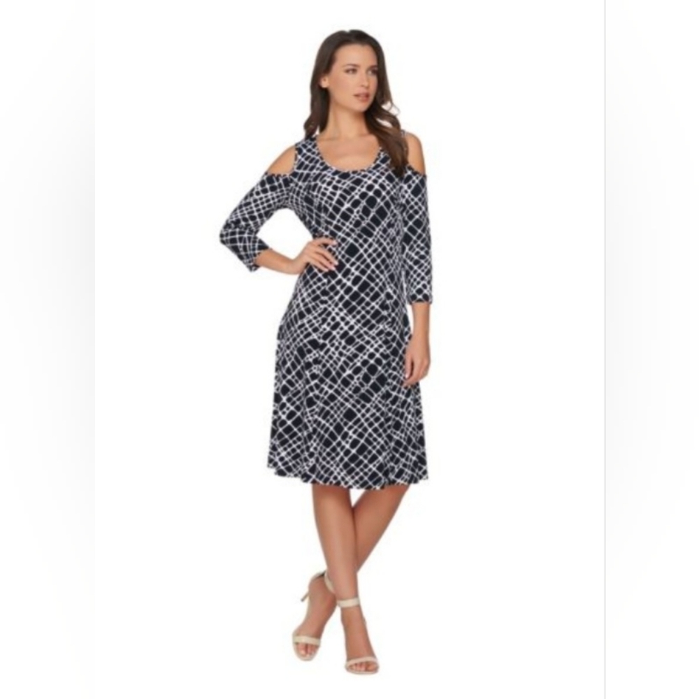 Susan Graver Navy and White Cold-Shoulder Midi Dress
